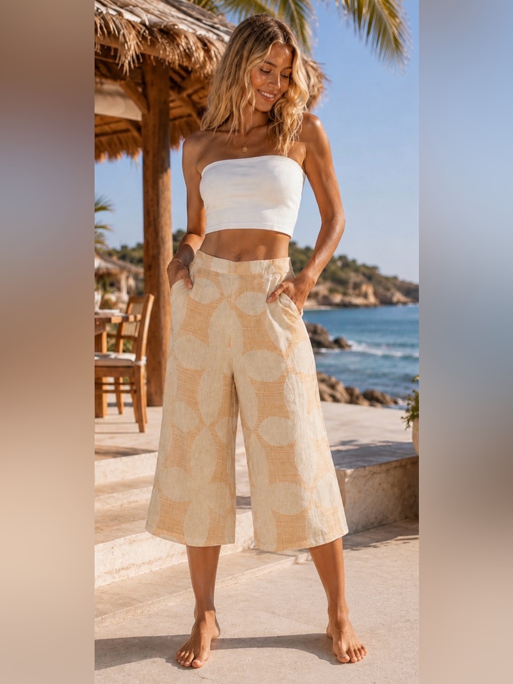 Joie 100% Linen Capri Pants Wide Leg Peach Floral Resort Boho L NWT